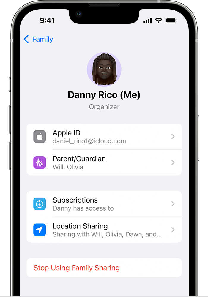 iPhone showing screen with Stop Using Family Sharing option