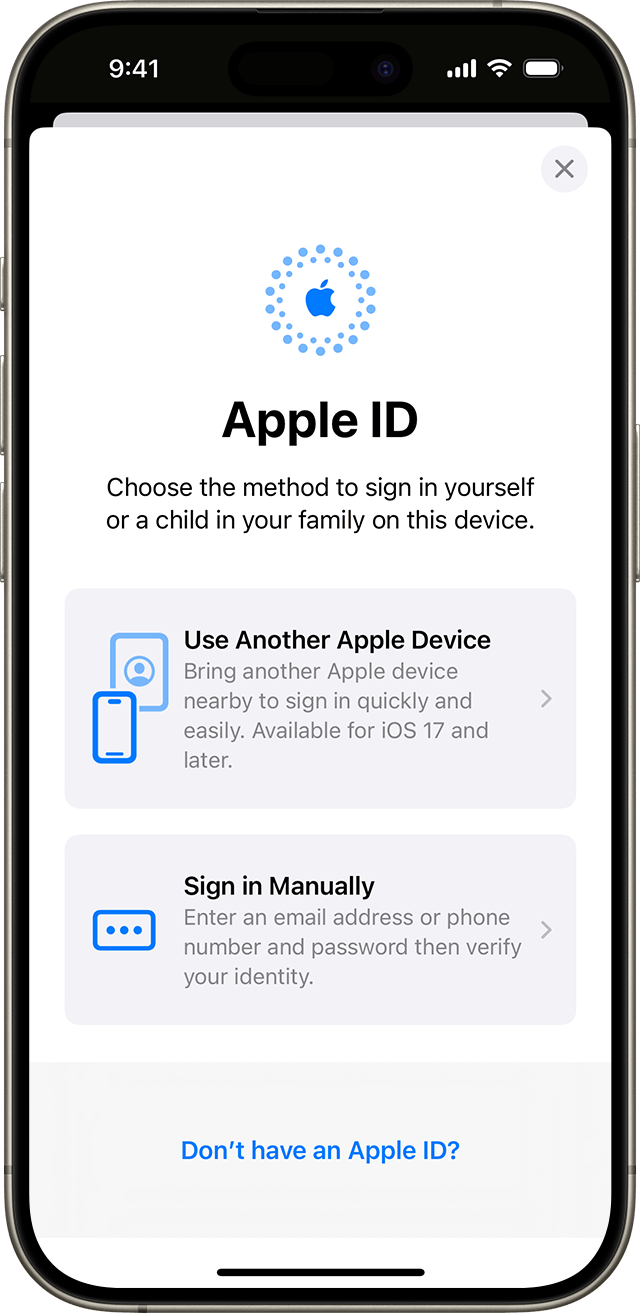 在 iPhone 設定，你可以使用 Apple ID 手動登入或使用其他 Apple 裝置登入。