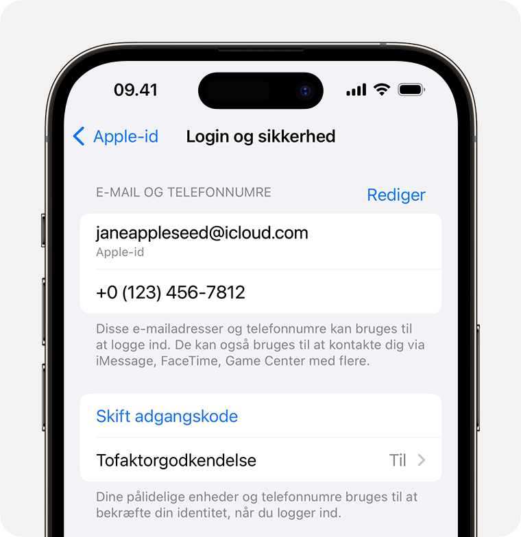 I Apple‑id-indstillingerne finder du de e-mailadresser og telefonnumre, du kan bruge til at logge ind på dit Apple‑id.