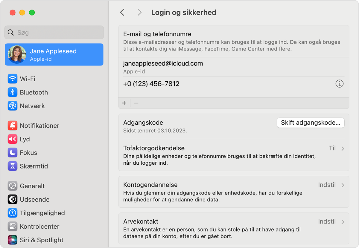 I Apple‑id-indstillingerne på Mac finder du de e-mailadresser og telefonnumre, du kan bruge til at logge ind på dit Apple‑id.