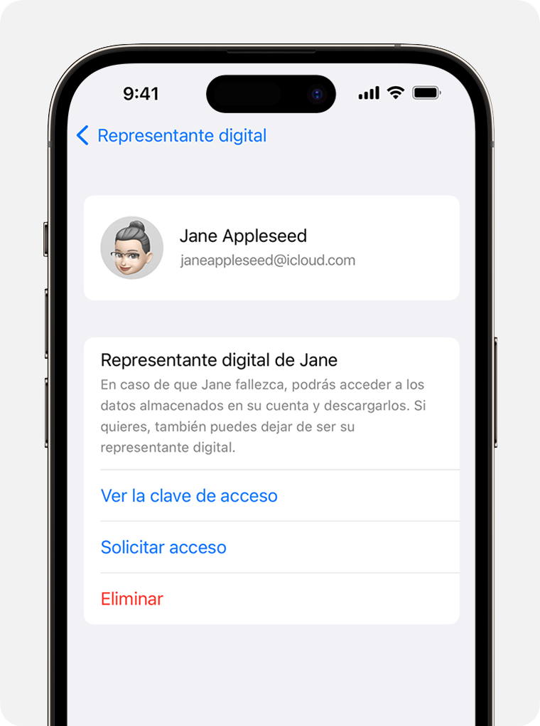 Pantalla del iPhone que muestra cómo solicitar acceso para convertirse en representante digital