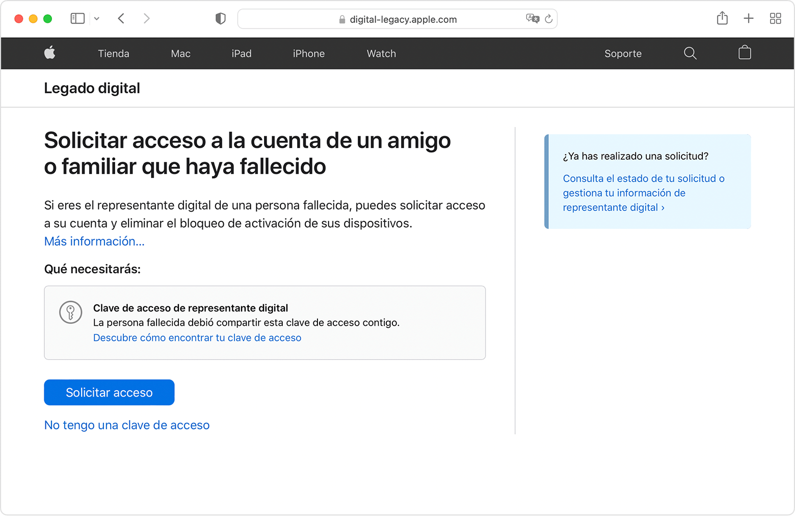 En la página Legado digital puedes solicitar acceso a la cuenta de una amistad o un familiar que haya fallecido. Si tienes la clave de acceso, haz clic en el botón azul Solicitar acceso. Si no la tienes, haz clic en No tengo una clave de acceso.