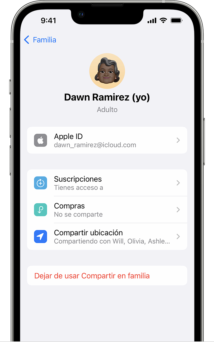 Un iPhone en el que se muestra la pantalla con la configuración Dejar de usar Compartir en familia