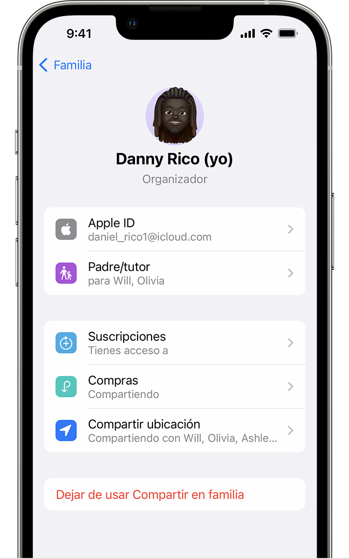 Un iPhone en el que se muestra la pantalla con la opción Dejar de usar Compartir en familia