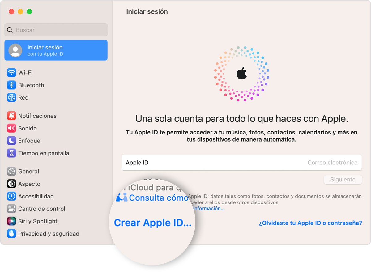 Pantalla de la Mac en la que se muestra el enlace Crear Apple ID para hacer clic