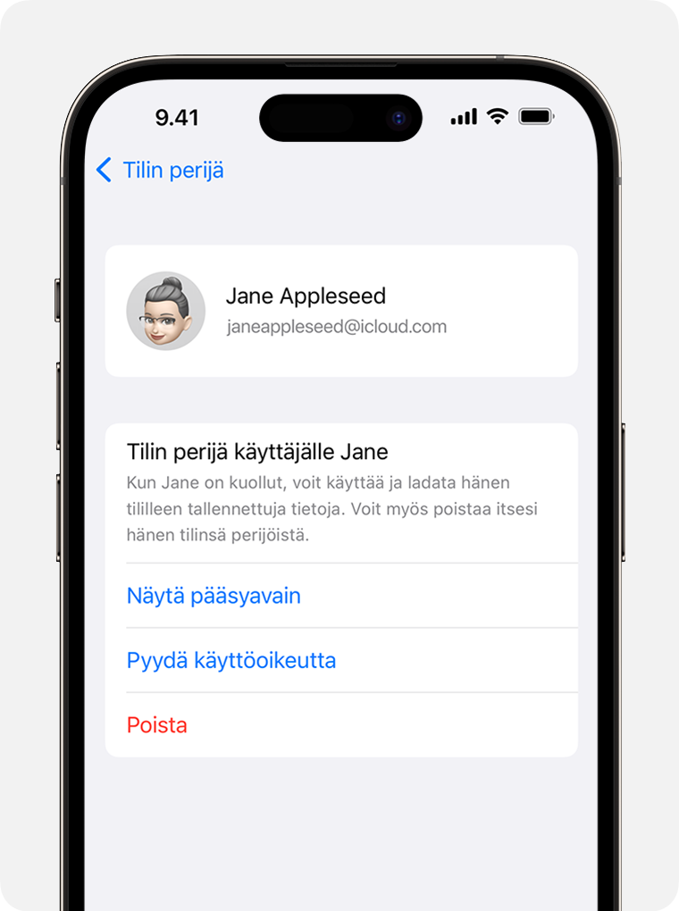  iPhonen näytössä näkyy, miten voit pyytää käyttöoikeutta, jotta voit tulla tilin perijäksi