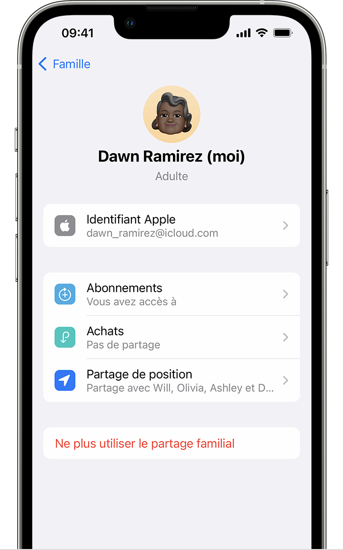 iPhone affichant l’écran avec le réglage Ne plus utiliser le partage familial