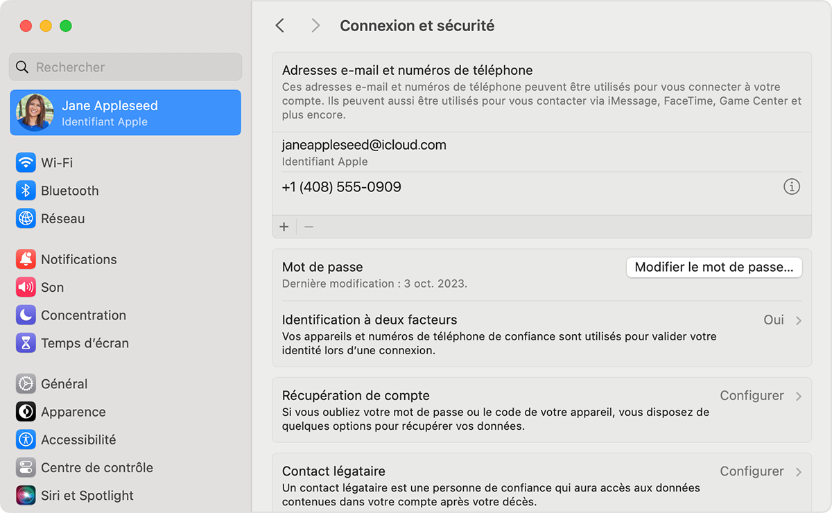 Dans les réglages de l’identifiant Apple sur Mac, recherchez les adresses e-mail et les numéros de téléphone que vous pouvez utiliser pour vous connecter à votre identifiant Apple.