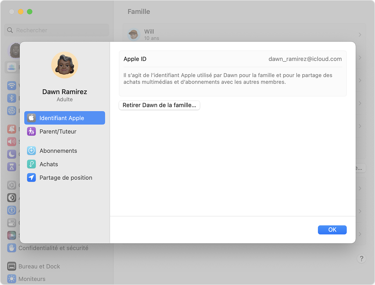 Écran de Mac sur lequel un membre peut être retiré de la famille