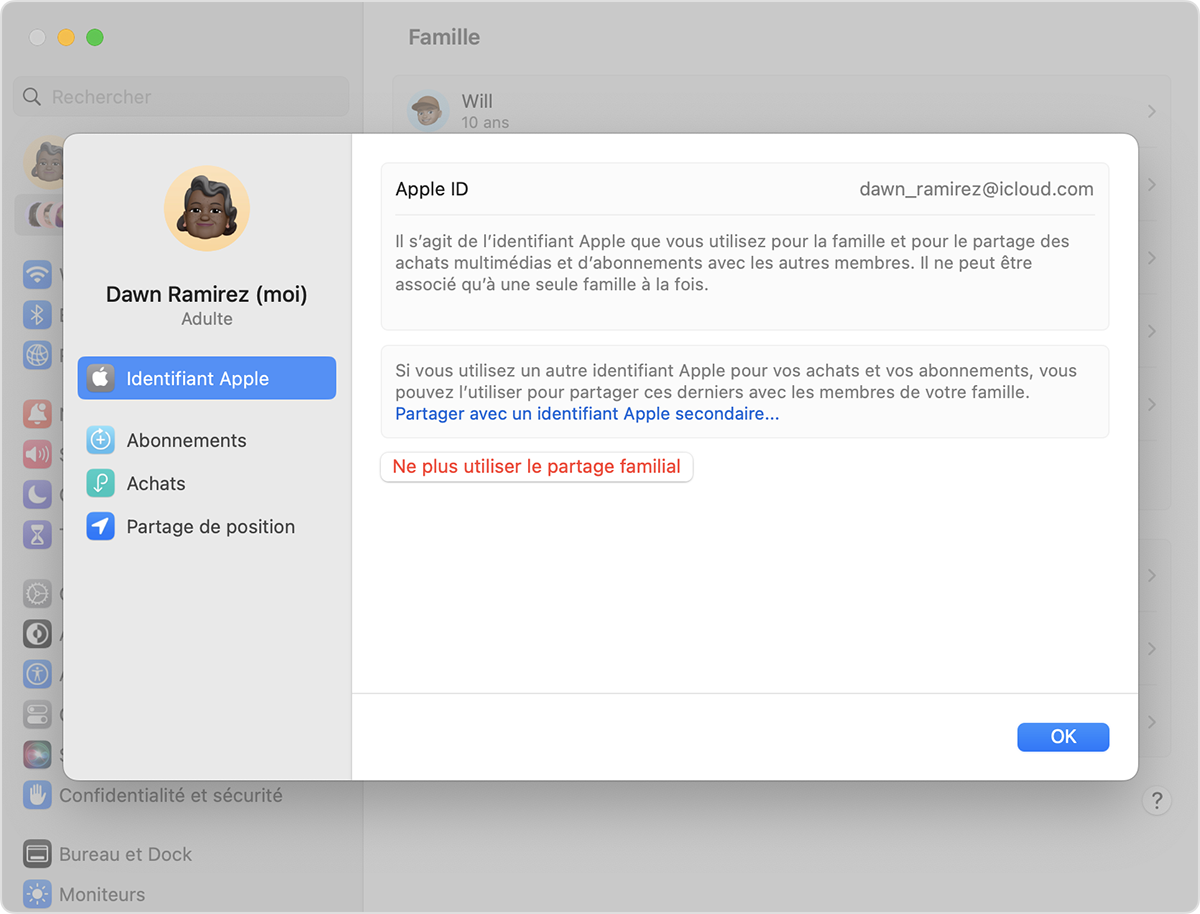 Écran Mac affichant l’option Ne plus utiliser le partage familial
