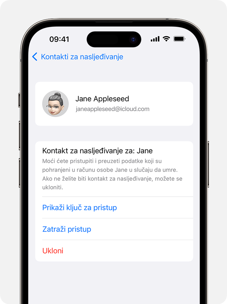 Zaslon iPhone uređaja koji pokazuje kako zatražiti pristup da biste postali Kontakt za nasljeđivanje