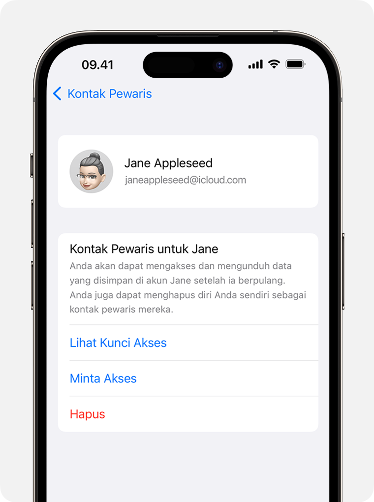 Layar iPhone yang menampilkan cara meminta akses untuk menjadi Kontak Pewaris