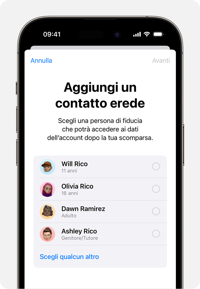 Schermata di iPhone che mostra i membri di “In famiglia” da aggiungere come contatto erede