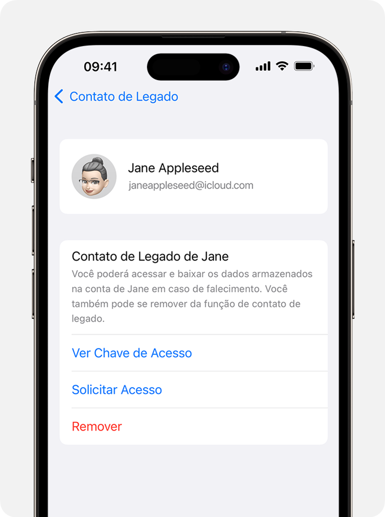 Tela do iPhone mostrando como solicitar acesso para se tornar um Contato de Legado