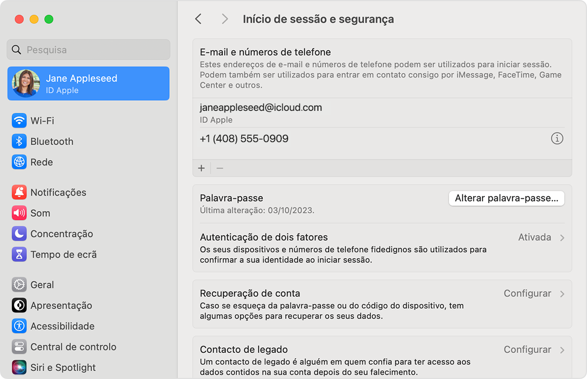 Nas definições do ID Apple no Mac, encontrará os endereços de e-mail e os números de telefone que pode utilizar para iniciar sessão no ID Apple.