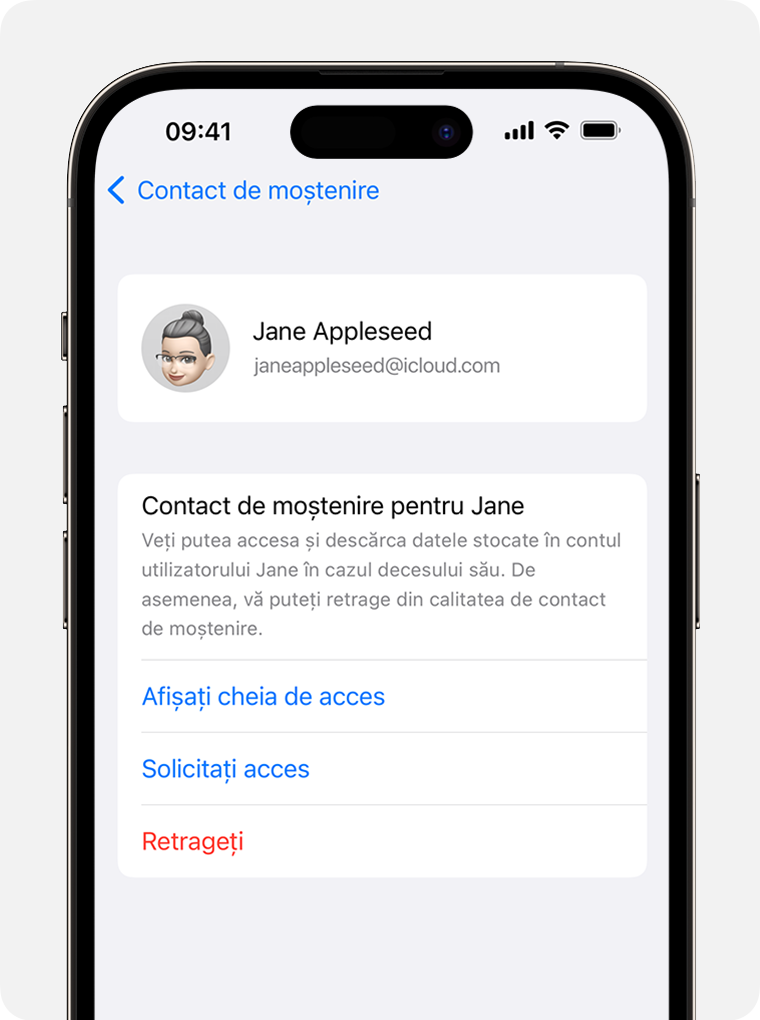 Ecran de iPhone care ilustrează cum să soliciți acces pentru a deveni Contact de moștenire