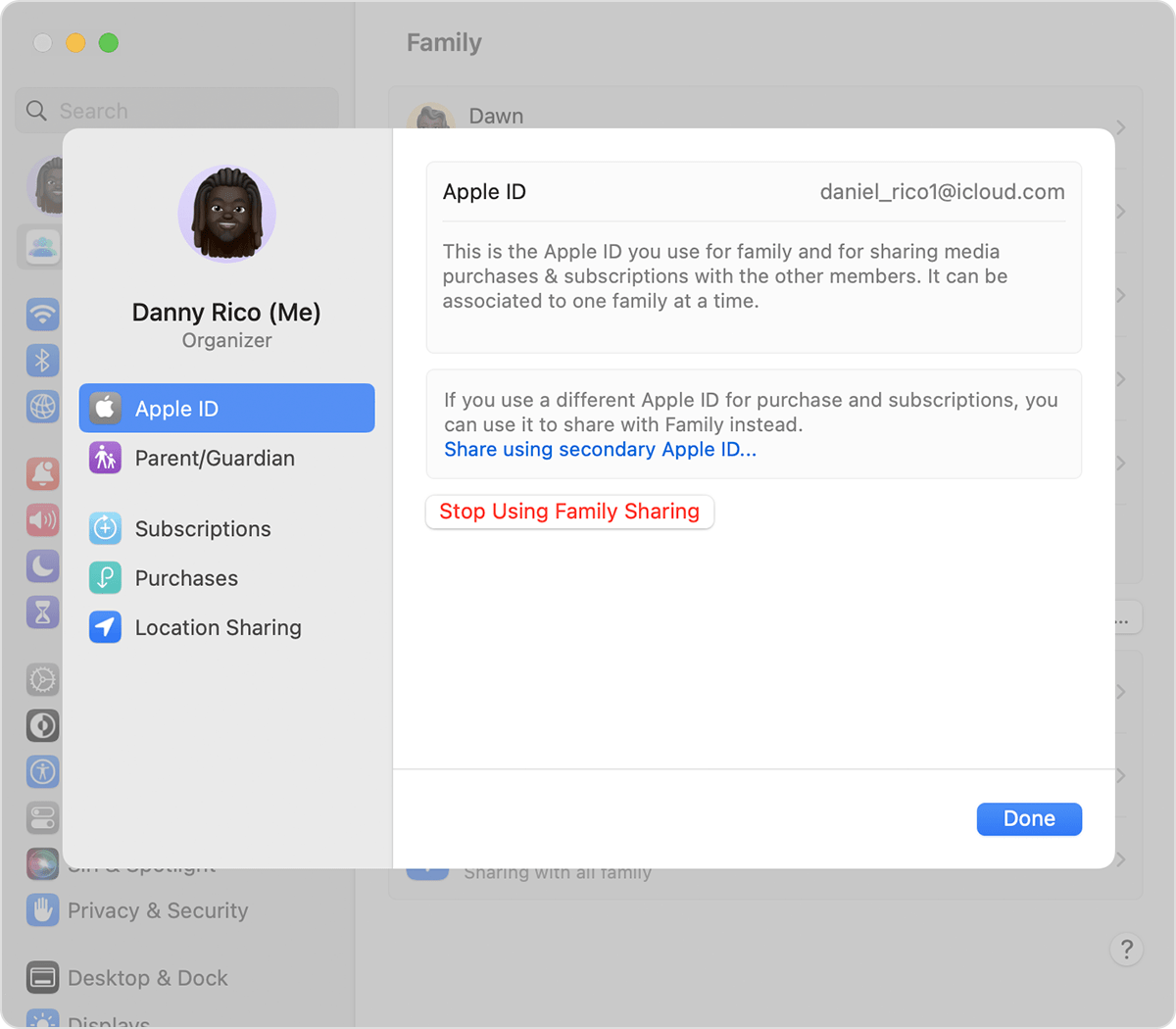 Mac screen showing Stop Using Family Sharing option