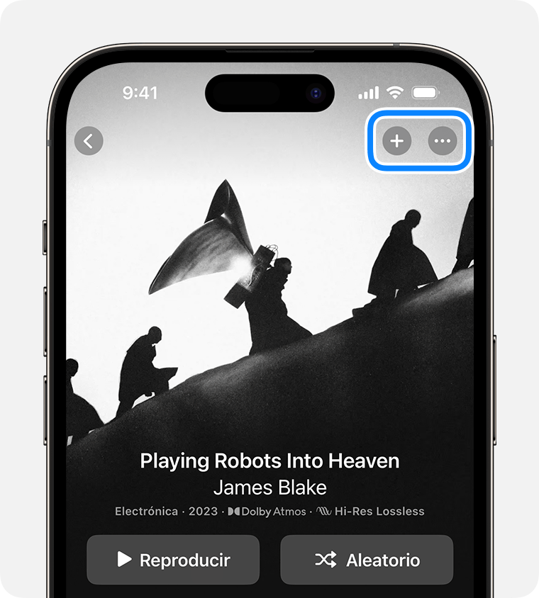 iPhone donde se muestra el botón Agregar y Más en la app Apple Music.