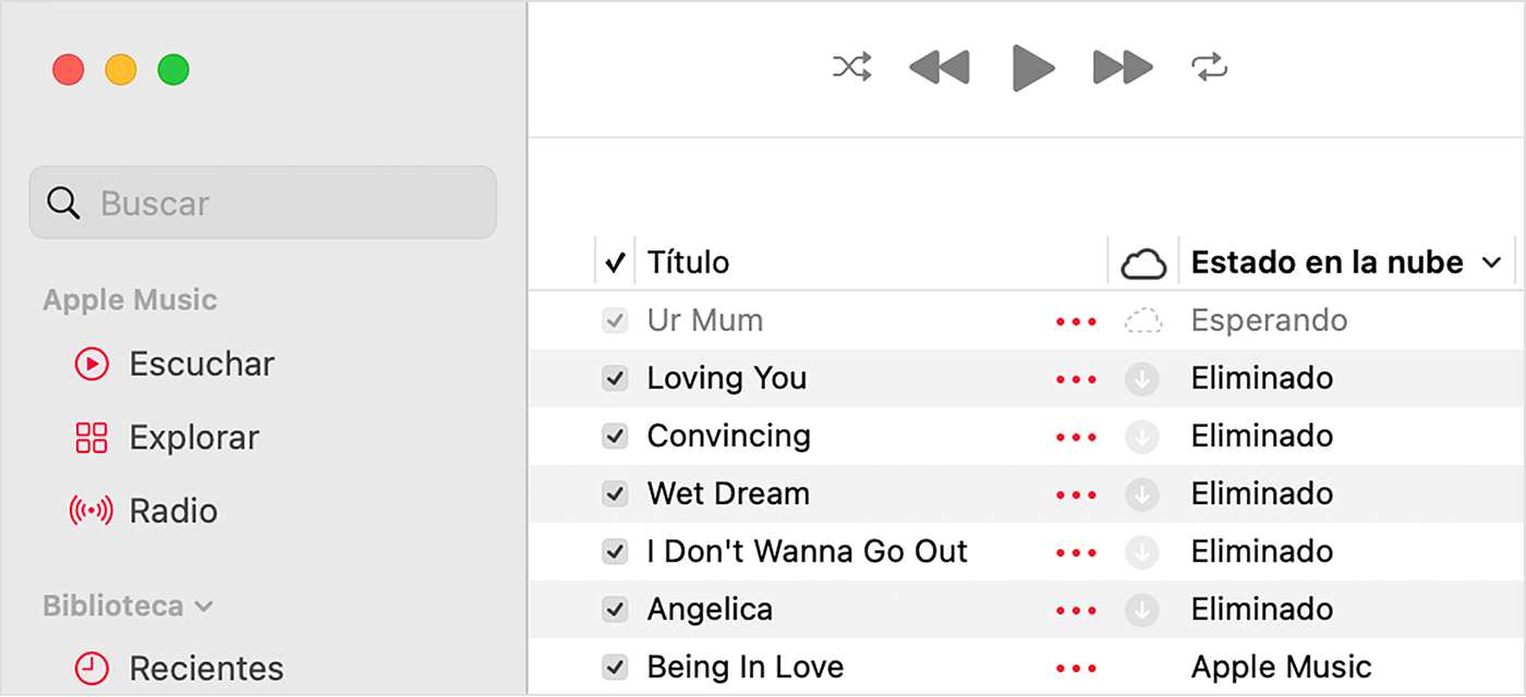 La app Apple Music en la Mac, donde se muestra el estado en la nube junto a las canciones