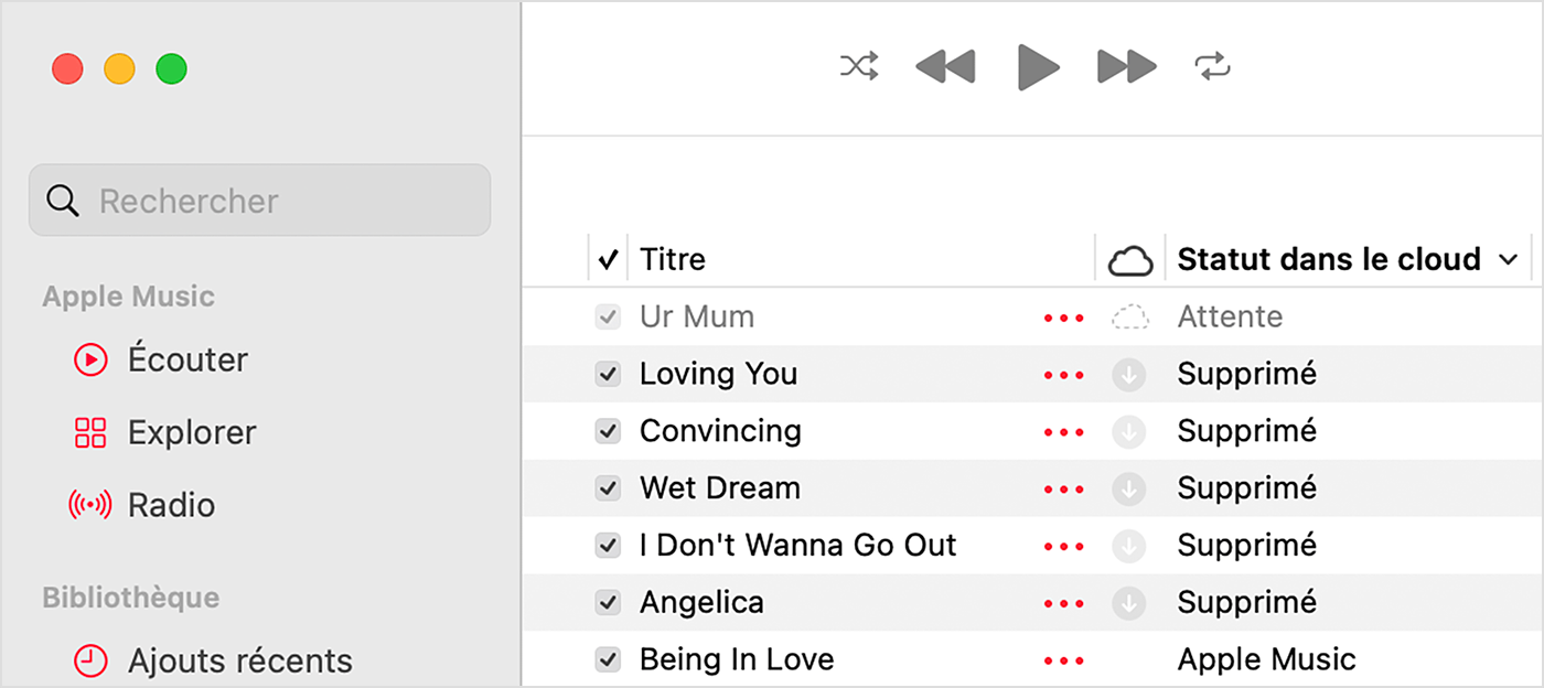 App Apple Music sur Mac affichant le statut cloud en regard des morceaux