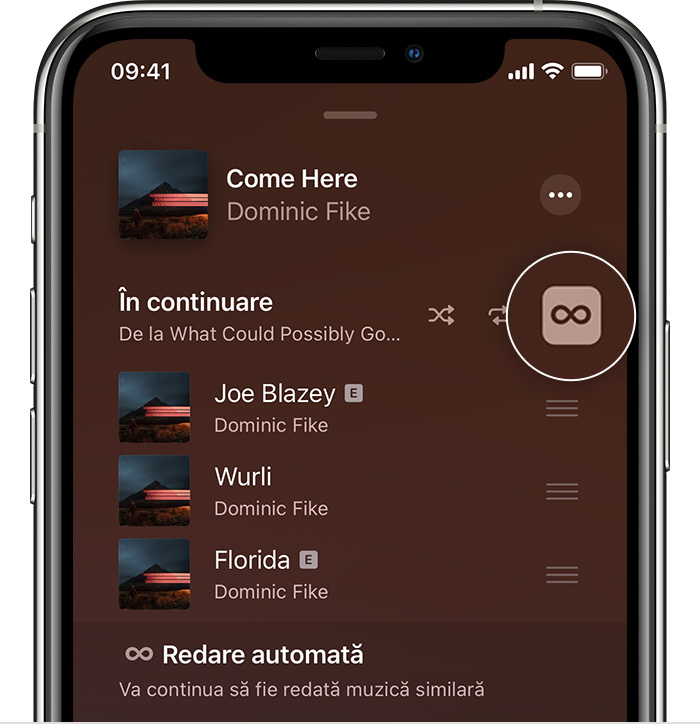 iPhone cu butonul Redare automată pe ecranul În continuare