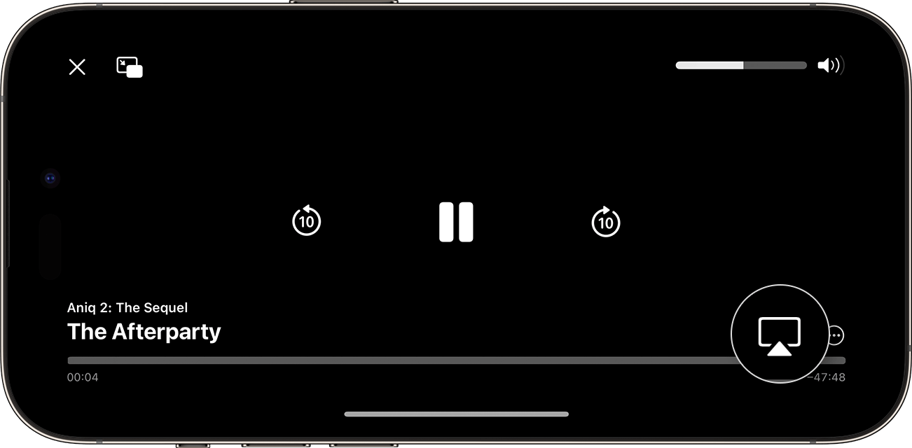 The AirPlay button appears emphasized in the lower-right corner of the screen on iPhone during video playback