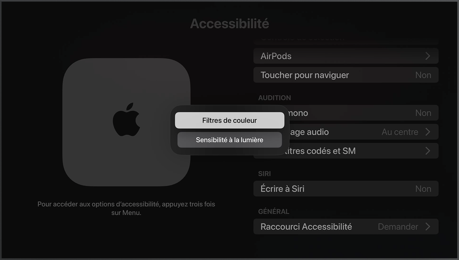 Les options de raccourci Filtres de couleur et Sensibilité à la lumière s’affichent sur l’écran Accessibilité