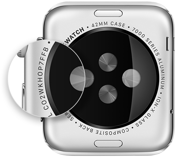 Seriennummer auf der Rückseite der Apple Watch.
