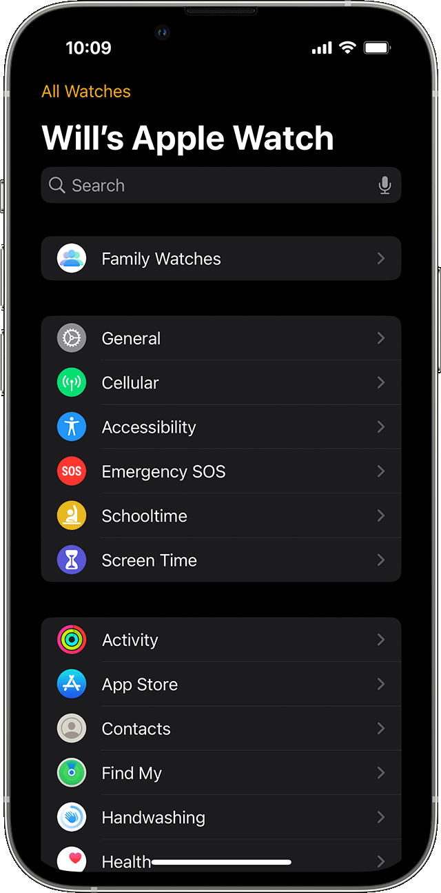 iPhone showing the Settings screen for a managed Apple Watch