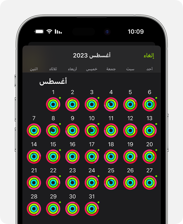 شاشة iPhone تعرض ملخص النشاط الإجمالي للشهر