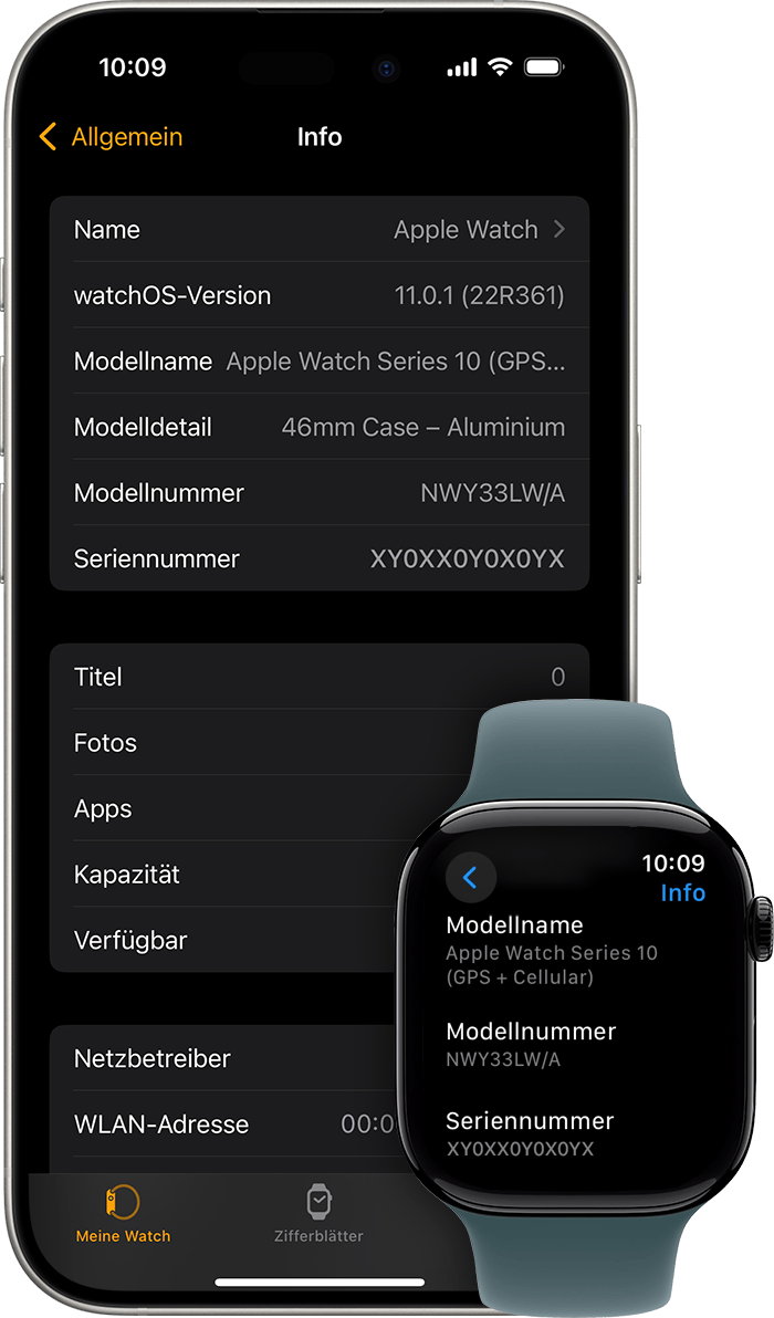 iPhone und Apple Watch mit Info-Bildschirm und Seriennummer