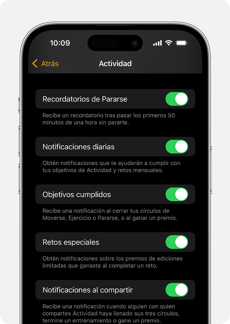 Una pantalla de iPhone en la que se muestran las opciones de notificaciones y recordatorios de Actividad