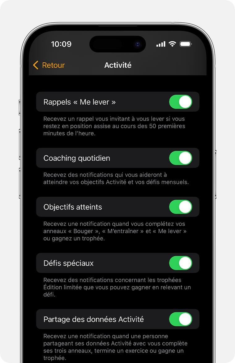 Écran d’iPhone affichant les options relatives aux notifications et aux rappels d’activité