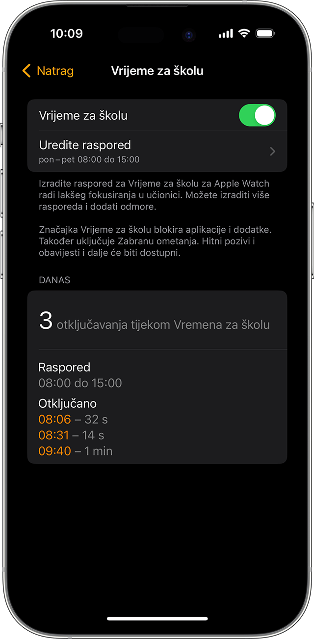 iPhone prikazuje sažetak moda Vrijeme za školu, uključujući vremena kada je mod Vrijeme za školu bio otključan