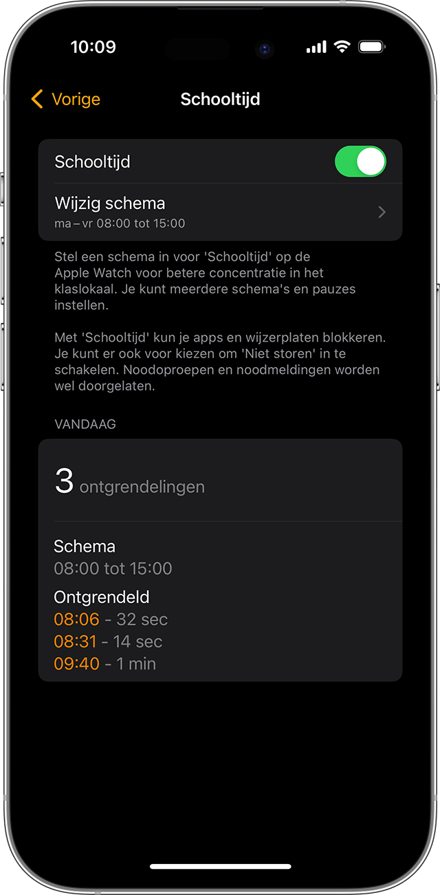 iPhone met het Schooltijd-overzicht en de tijden waarop Schooltijd werd ontgrendeld