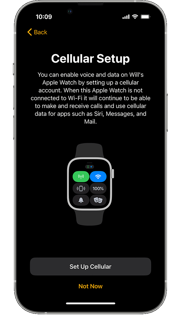 iPhone showing the Apple Watch cellular setup screen