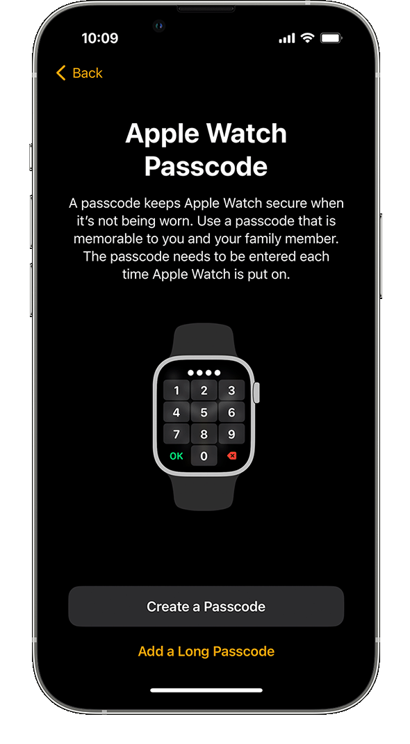 iPhone showing the Apple Watch passcode setup screen