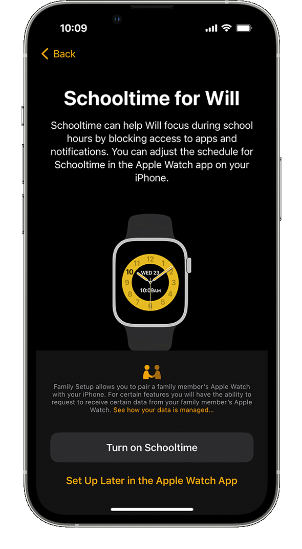 iPhone showing the Apple Watch Schooltime setup screen