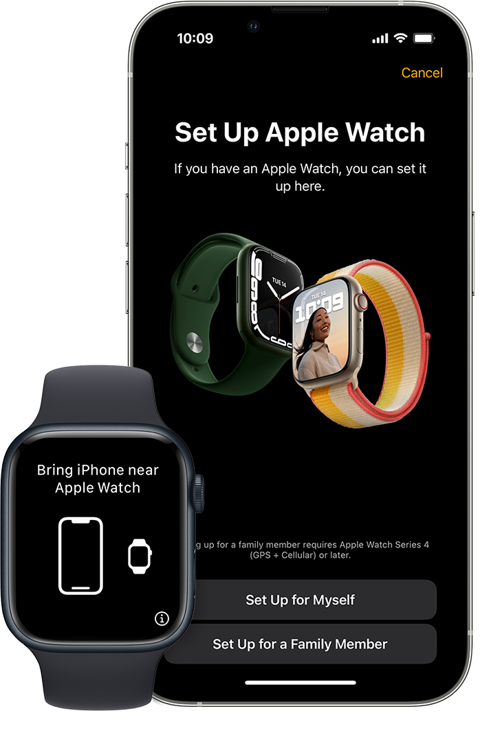 Apple Watch and iPhone showing the pairing screens on each device