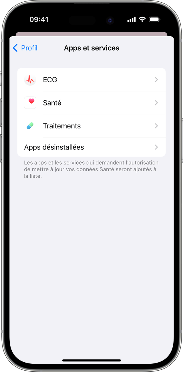 Un écran d’iPhone affichant les apps et services autorisés à mettre à jour les données Santé.