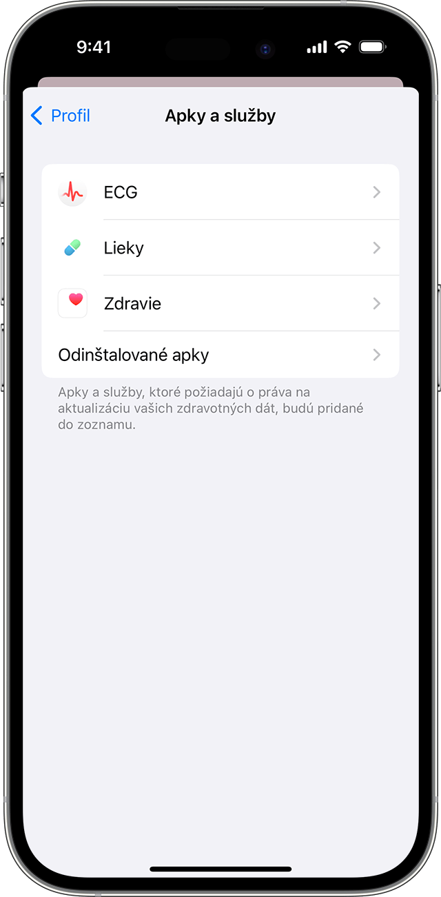Obrazovka iPhonu s apkami a službami, ktoré majú povolenie na aktualizáciu zdravotných dát.
