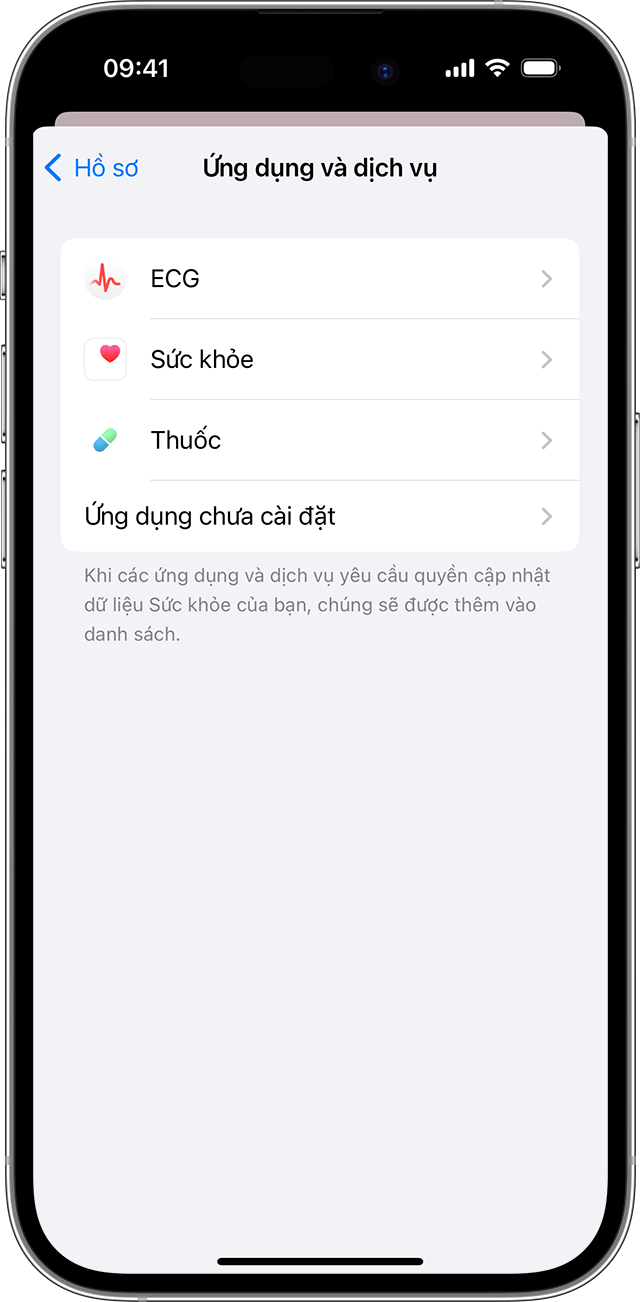 Màn hình iPhone hiển thị các Ứng dụng và dịch vụ có quyền cập nhật dữ liệu Sức khỏe.