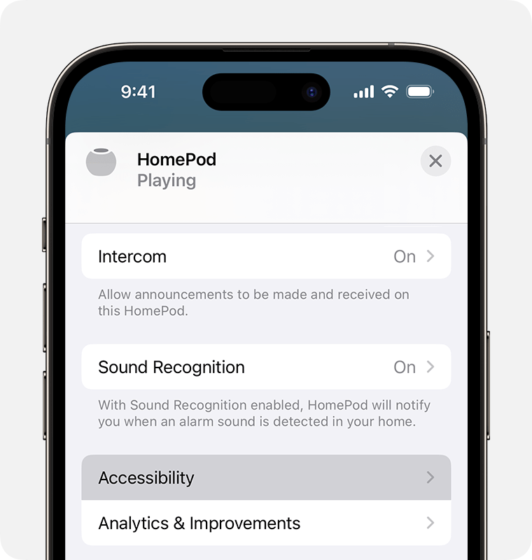 L’accessibilité apparaît avant Analyse et améliorations sur l’écran des réglages du HomePod