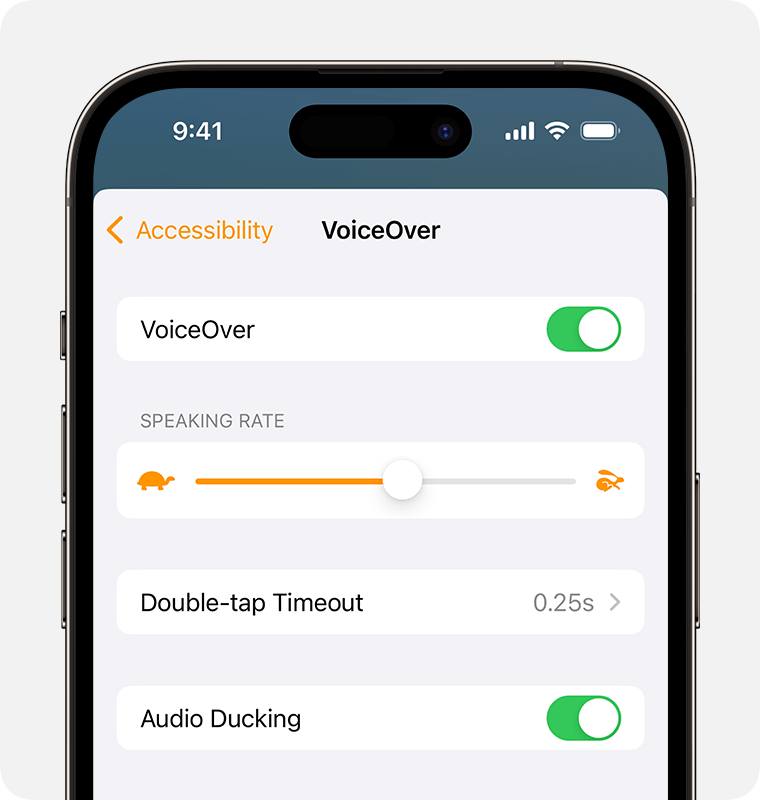 VoiceOver ist aktiviert, das Sprechtempo ist auf 50 % eingestellt, der Zeitraum zum Doppeltippen beträgt 0,25 Sekunden, und Audio-Ducking ist aktiviert