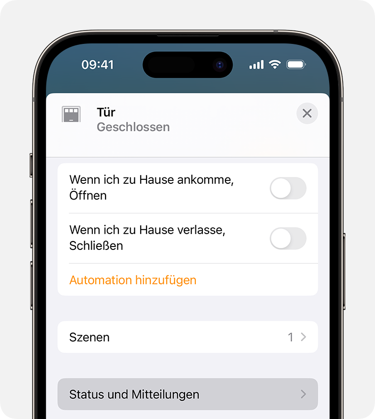 „Status und Mitteilungen“ unter „Szenen“ auf dem Bildschirm mit den Geräteeinstellungen für einen Smarthome-Türsensor