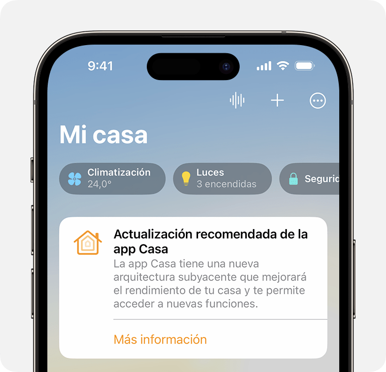 La notificación de actualización recomendada de la app Casa aparece en la pestaña Casa de la app Casa