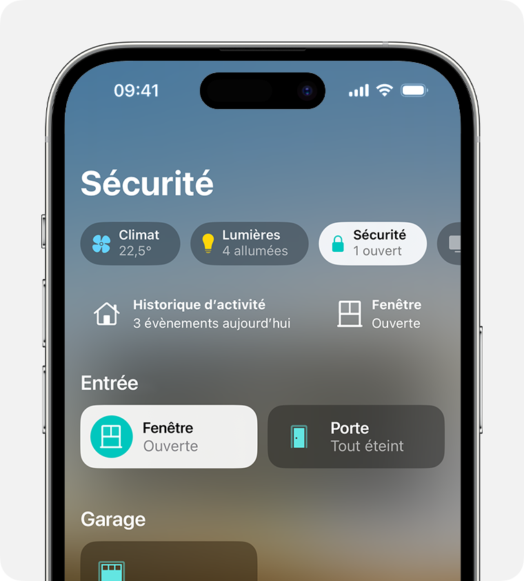 La catégorie Sécurité apparaît en haut de l’écran d’accueil de l’app Maison.