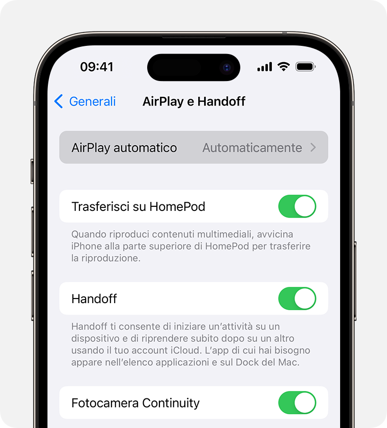 Impostazione Automatico selezionata per AirPlay automatico nella schermata AirPlay e Handoff