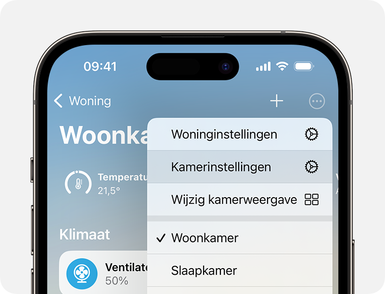 Kamerinstellingen verschijnen onder Woning-instellingen na het tikken of klikken op de knop 'Meer'