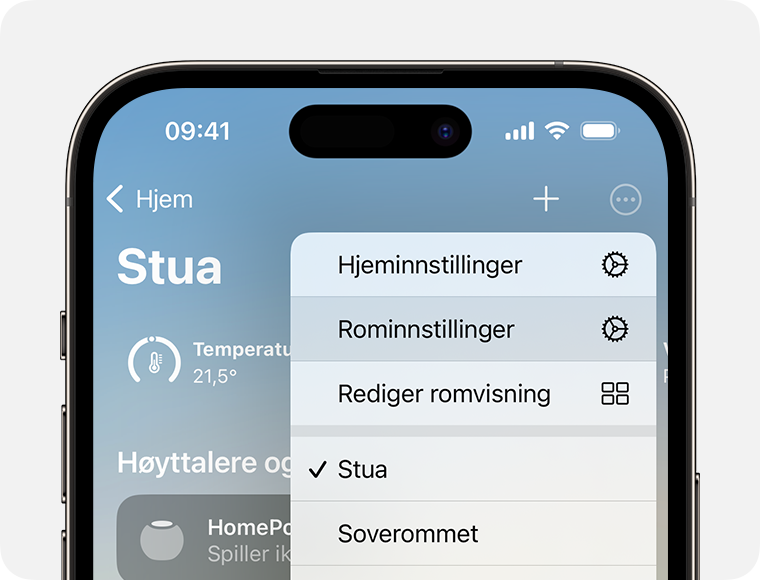 Rominnstillinger vises under Hjem-innstillinger etter at du har trykket på eller klikket på Mer-knappen